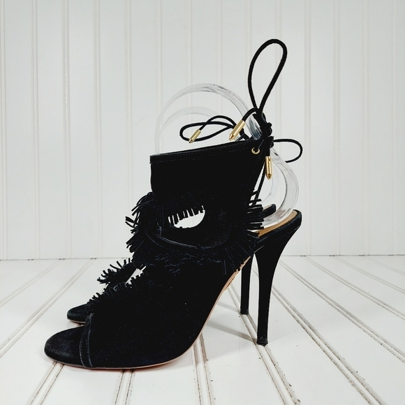 Aquazzura Black Suede Sexy Thing Fringe Peep Toe Booties Sandals Heels B163 - Picture 1 of 12